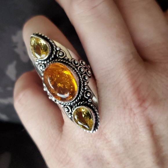 New Baltic Amber & Citrine 925 Silver Statement Ring. - Picture 14 of 16